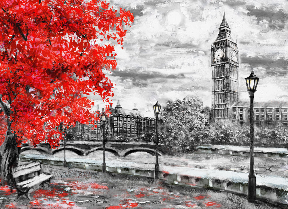 Red Tree & B&W London City Watercolor Painting Home Decor Premium Quality Poster Print Choose Your Sizes