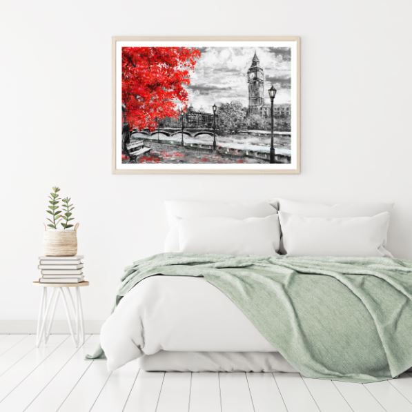 Red Tree & B&W London City Watercolor Painting Home Decor Premium Quality Poster Print Choose Your Sizes