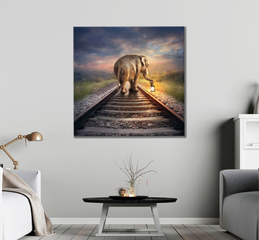 Square Canvas Elephant on Rail Track Art High Quality Print 100% Australian Made