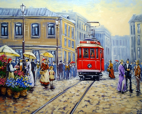 Tram Car & People In the City Painting Print 100% Australian Made
