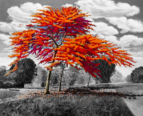 Stunning Orange Leafy Tree with B&W Background Painting Print 100% Australian Made