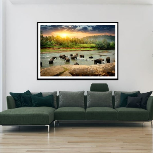 Elephants in River Photograph Home Decor Premium Quality Poster Print Choose Your Sizes