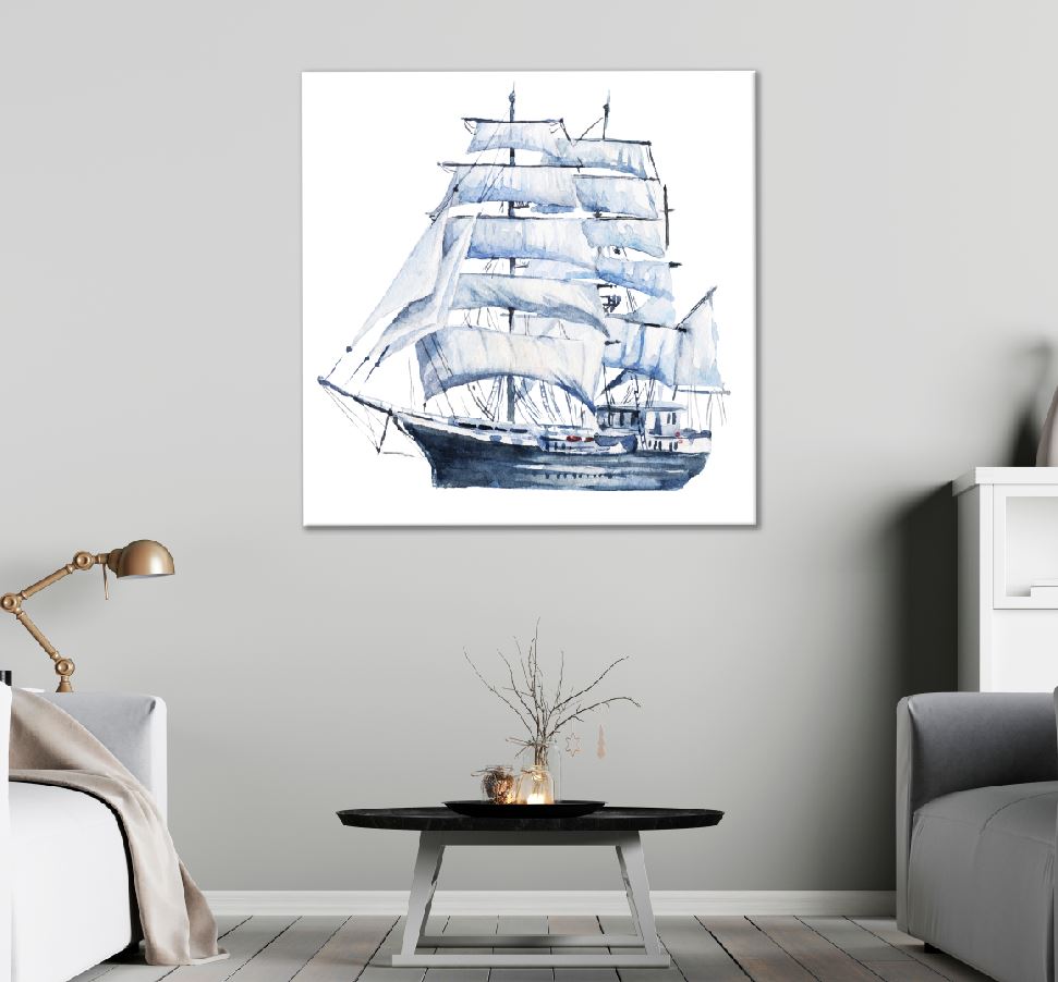 Square Canvas Blue Ship Watercolor Painting High Quality Print 100% Australian Made