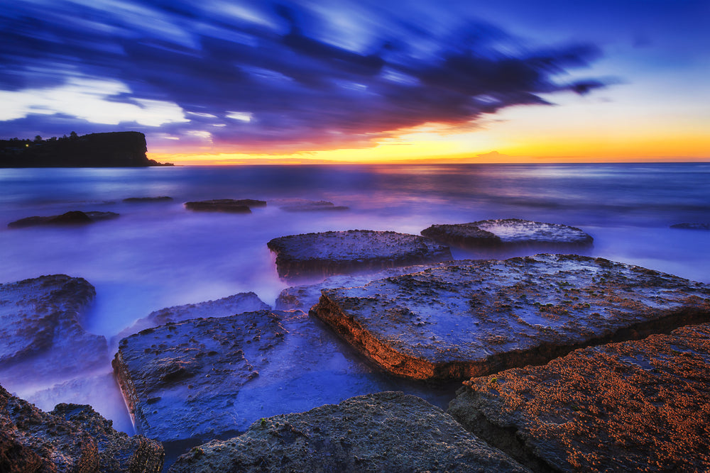 Stunning Beach With Rocks Sunset Blue Sky Photograph Print 100% Australian Made