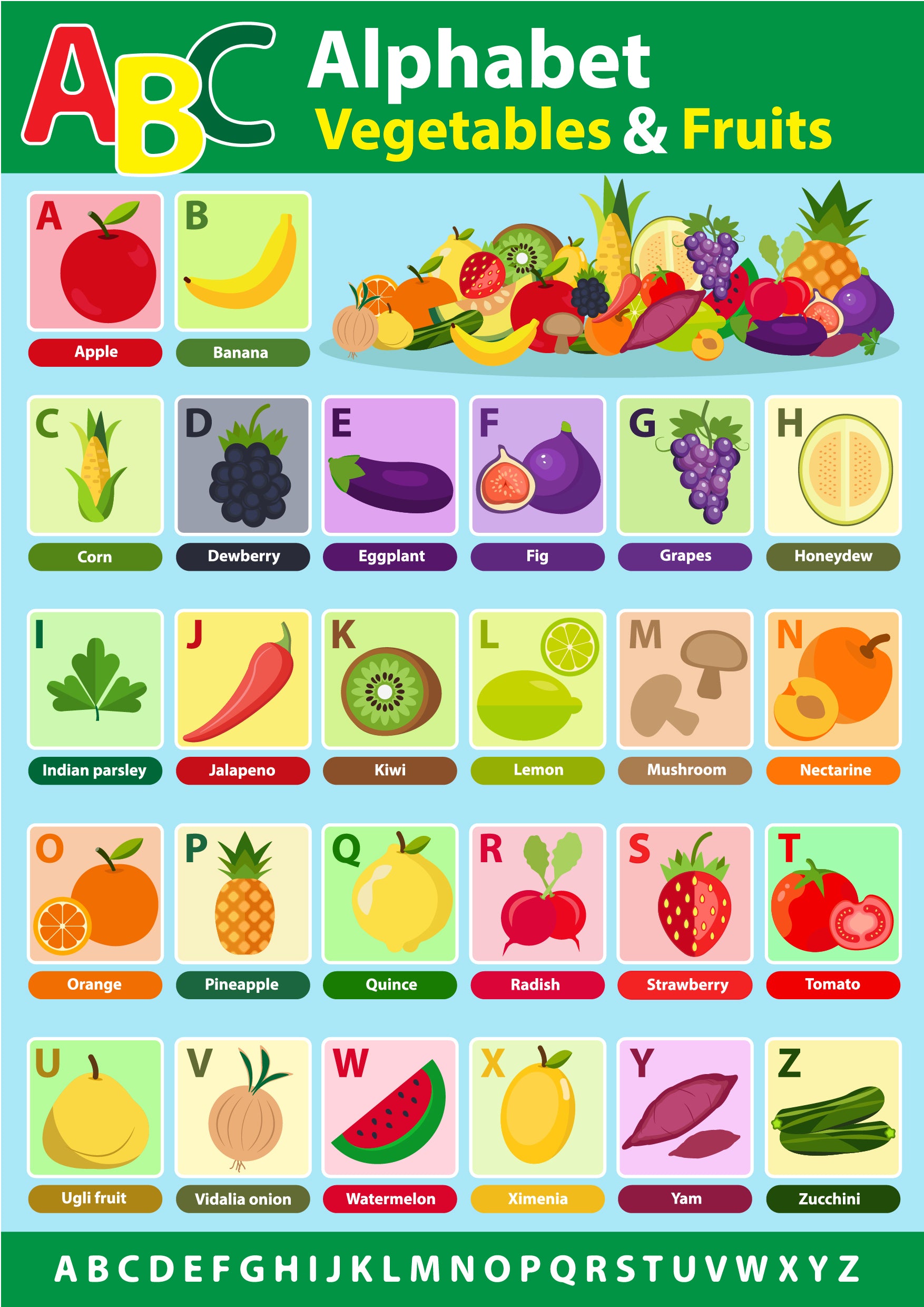 Alphabet - Vegetable & Fruits Nursery & Kids Art Print 100% Australian Made