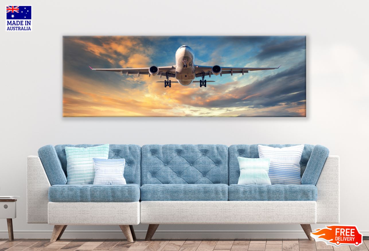 Panoramic Canvas Plane on Sunset Sky High Quality 100% Australian Made Wall Canvas Print Ready to Hang