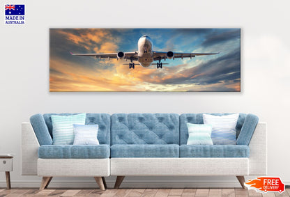Panoramic Canvas Plane on Sunset Sky High Quality 100% Australian Made Wall Canvas Print Ready to Hang