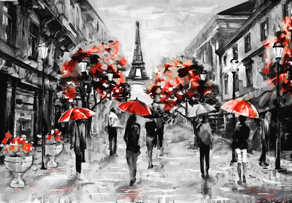 People Walking Towards The Eiffle Tower With Red Umbrellas B&W Painting Print 100% Australian Made