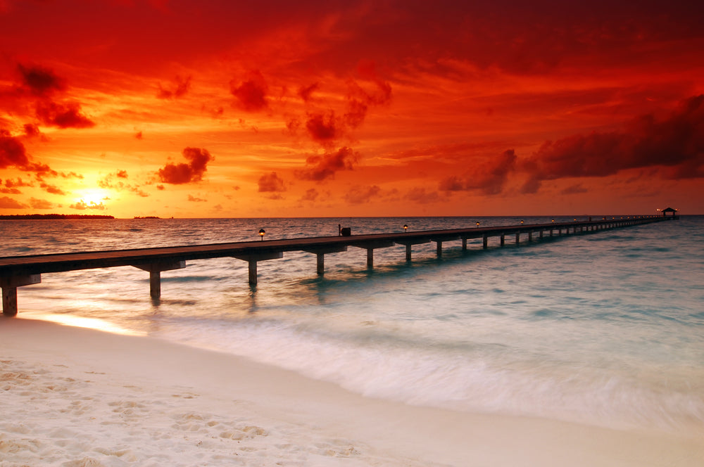 Stunning Beach Hut on Long Pier Sunset Red Sky Photograph Print 100% Australian Made