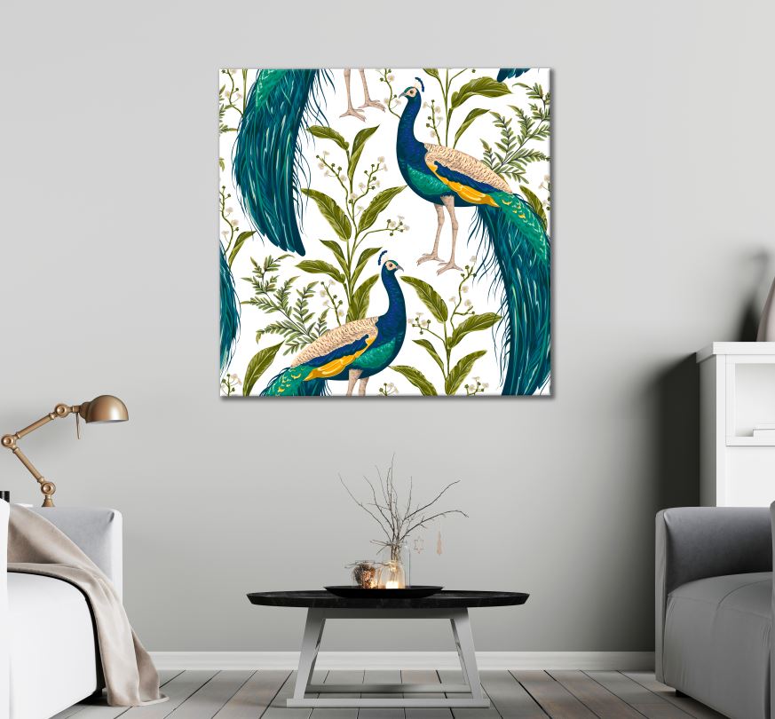 Square Canvas Peacocks & Leaves Painting High Quality Print 100% Australian Made