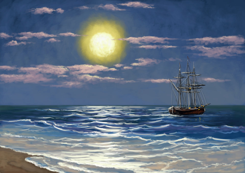 Ship Sailing on the Sea Moonlight Painting Print 100% Australian Made