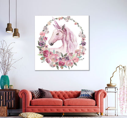 Square Canvas Unicorn & Flowers Painting High Quality Print 100% Australian Made