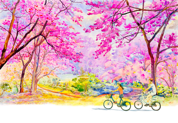 Cherry Tree Road Side Riding Bicycles Painting Print 100% Australian Made