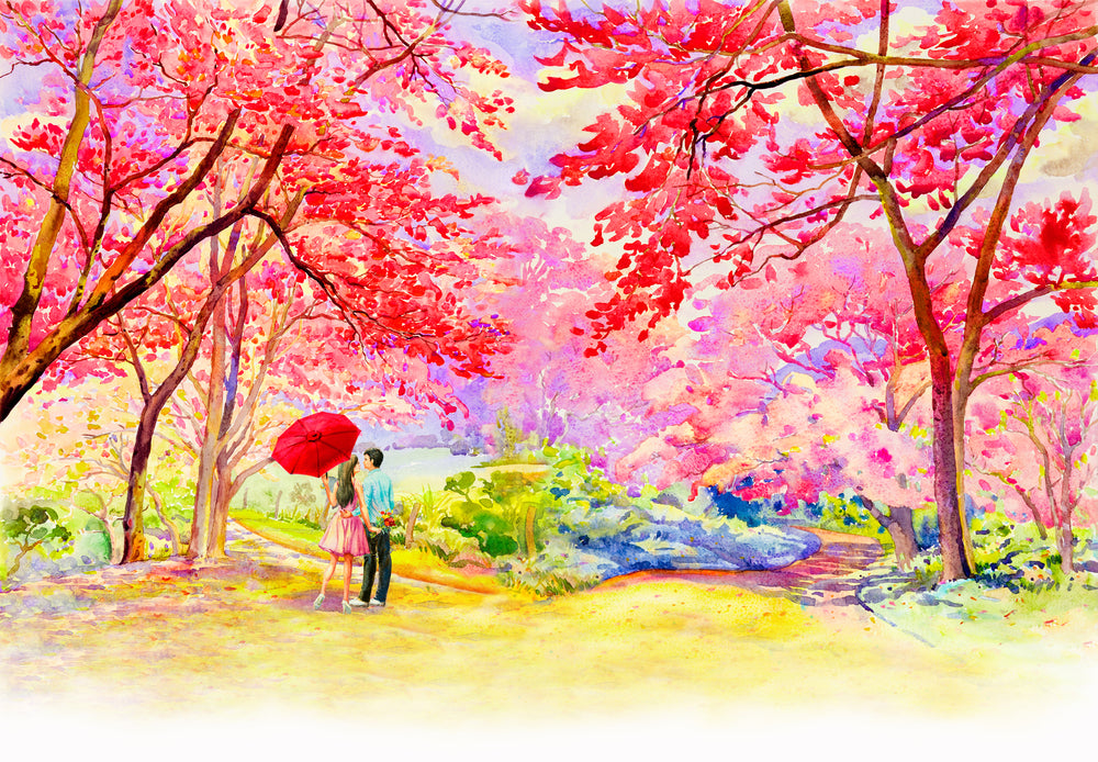 Couple Near Red Flower Tree Forest Painting Print 100% Australian Made