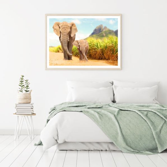 Elephant & Baby Walking on a Road Photograph Home Decor Premium Quality Poster Print Choose Your Sizes