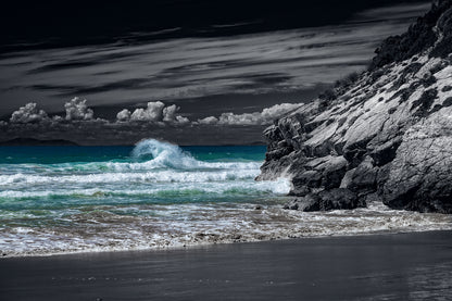 Stunning Beach View With Rock Dark B&W Photography Print 100% Australian Made