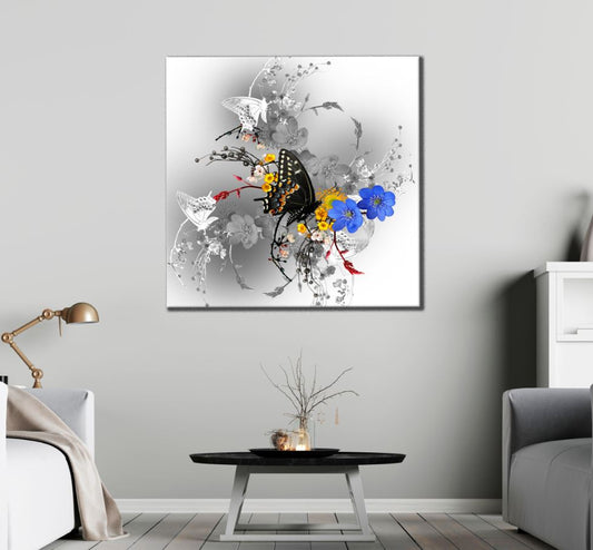 Square Canvas Butterflies & Flowers Design High Quality Print 100% Australian Made