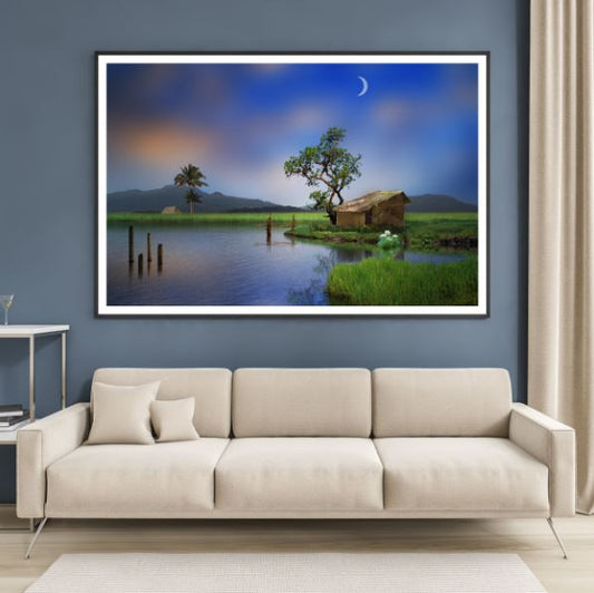 House Near River Over Field Photograph Home Decor Premium Quality Poster Print Choose Your Sizes