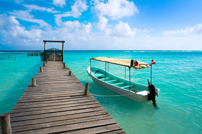 Stunning View of Beach & Boat Near Wooden Pier Photography Print 100% Australian Made