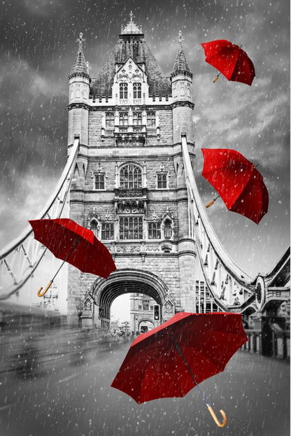 UK Tower Bridge Back & White Red Umbrellas Print 100% Australian Made