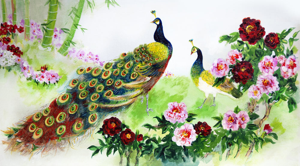 Peacocks & Flower Garden Painting Print 100% Australian Made