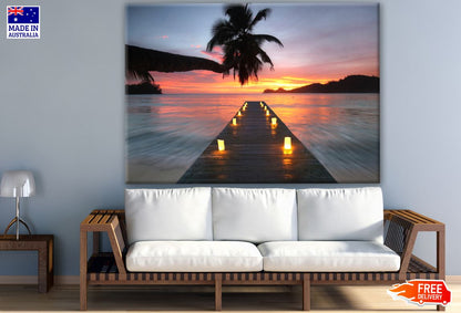 Wooden Pier with Candles Over Beach Photograph Print 100% Australian Made