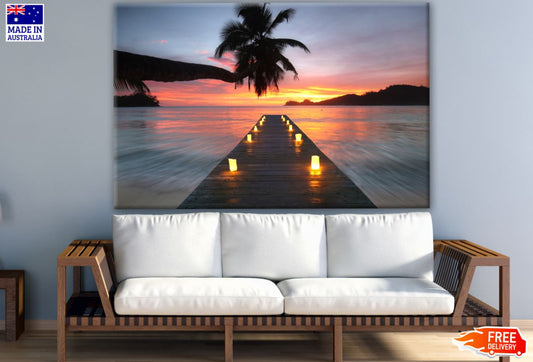 Wooden Pier at Romantic Sunset with Candles Photograph Print 100% Australian Made