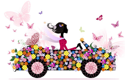 Woman Riding a Floral Car & Butterflies Art Print 100% Australian Made