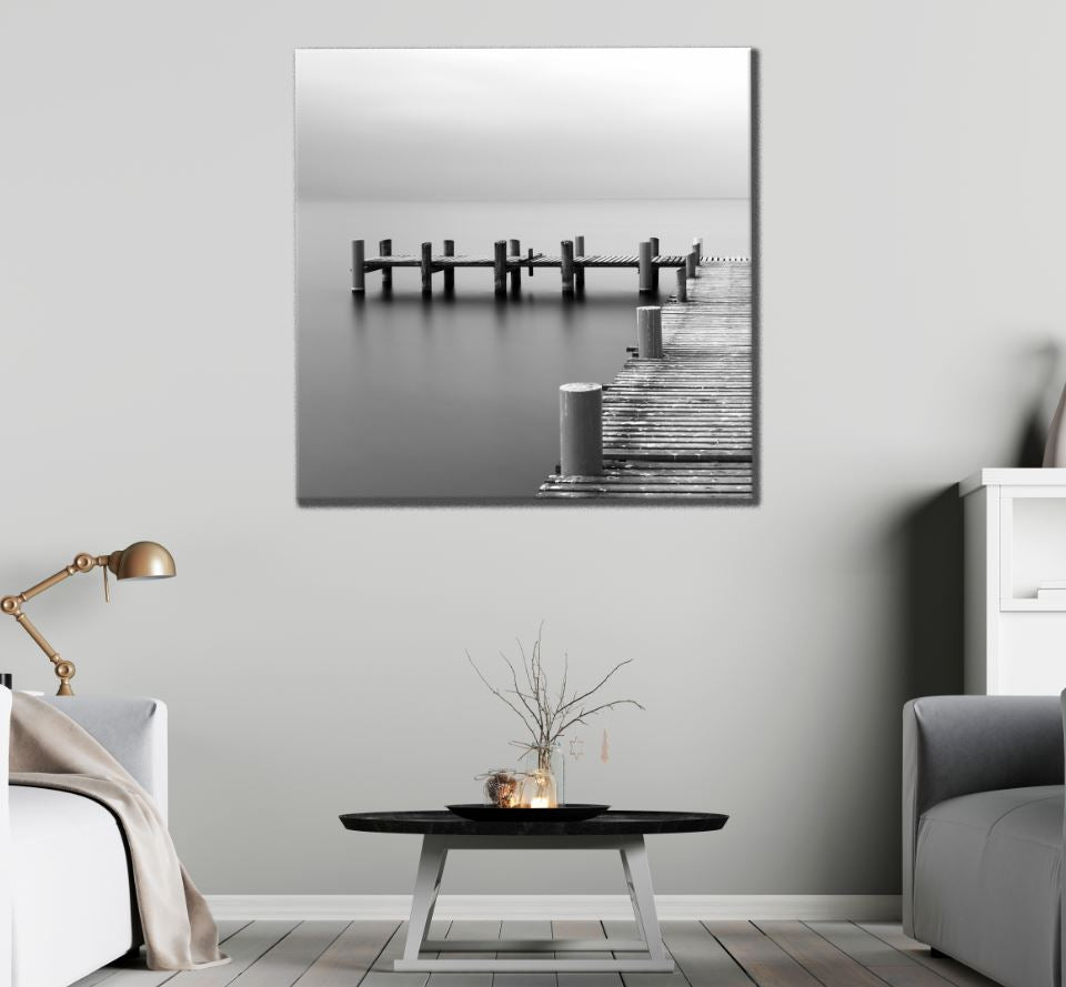 Square Canvas Wooden Pier Over Lake B&W Photograph High Quality Print 100% Australian Made