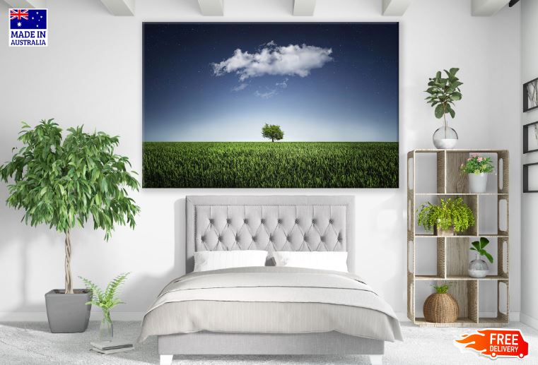 Tree on Grass Field & Sky View Scenery Photograph Print 100% Australian Made