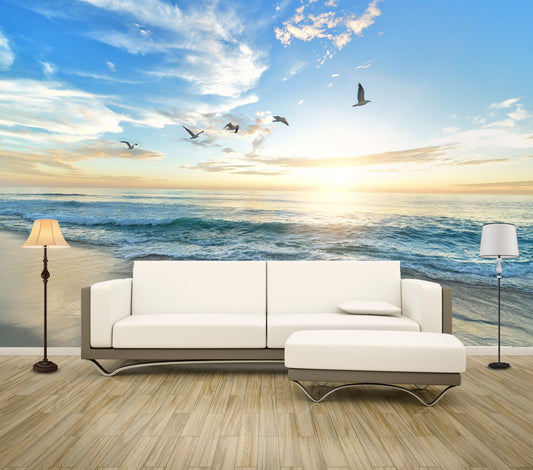 Wallpaper Murals Peel and Stick Removable Beach Sunset with birds High Quality