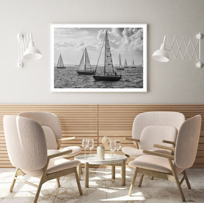 Boats on Sea B&W Photograph Home Decor Premium Quality Poster Print Choose Your Sizes