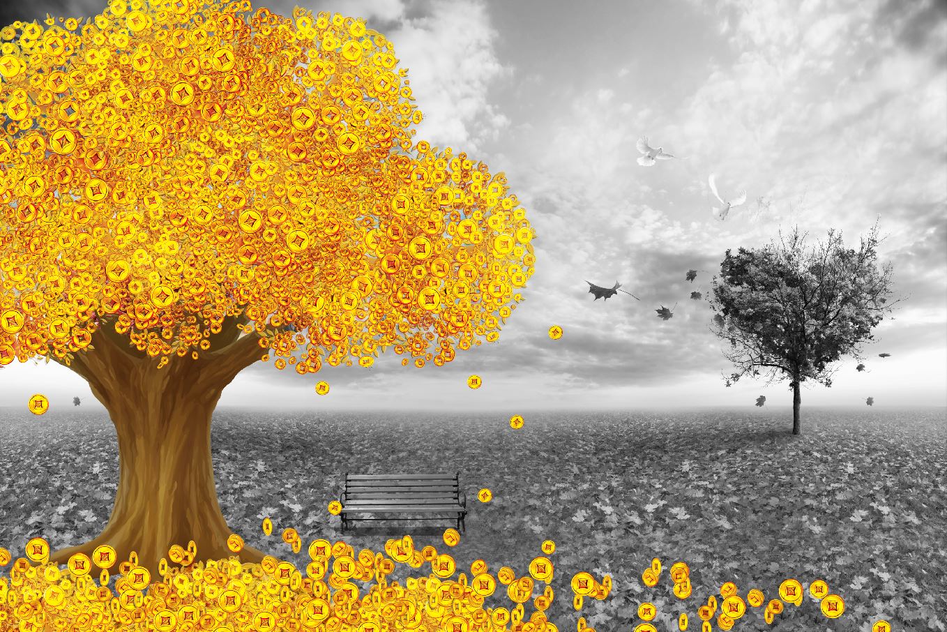 Golden Coins Tree & B&W Background Photograph Print 100% Australian Made